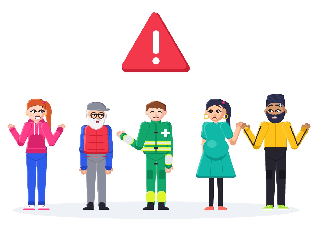 Five cartoon people react to a warning sign while a calm paramedic shows them what to do